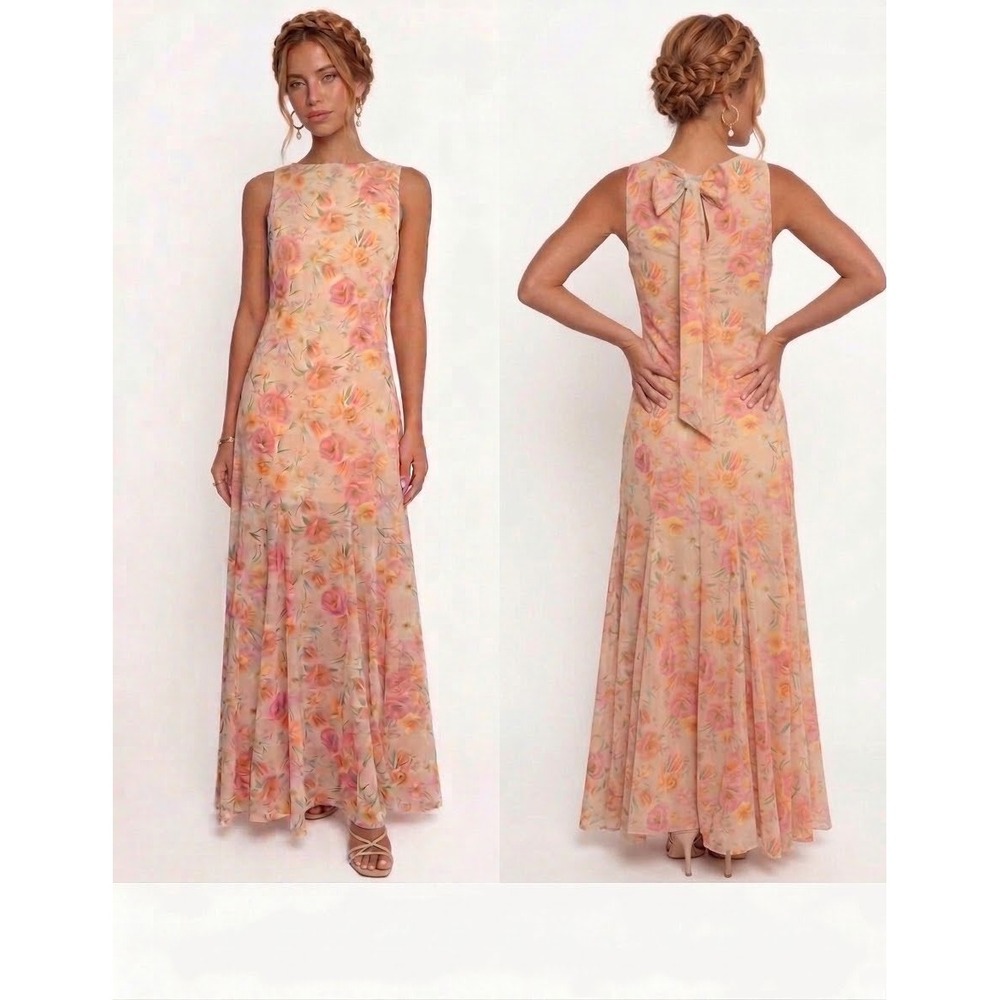 Petal & Pup Floral Sleeveless Keani Tie Back Maxi Dress Pink Orange Yellow M